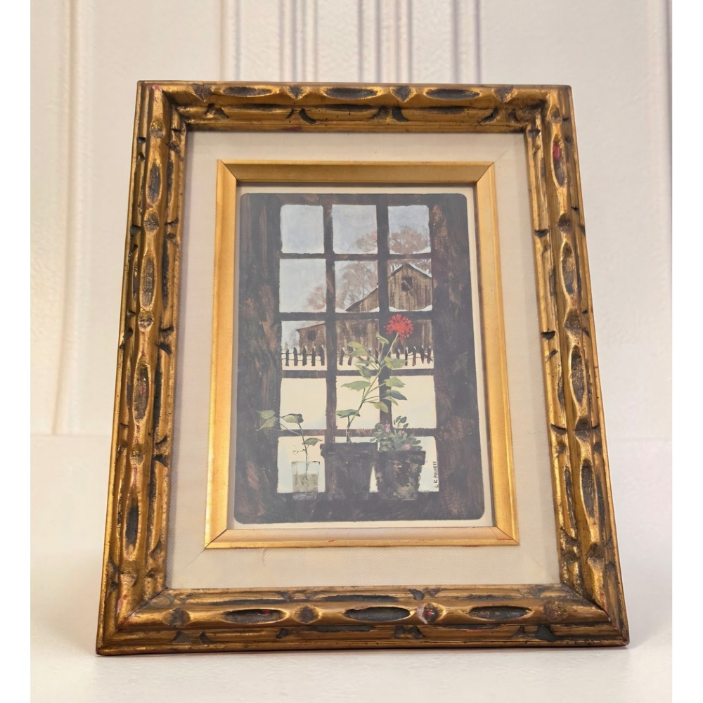 VTG LK Powell Framed Art Print rustic farmhouse Winter Window Gold Ornate Frame